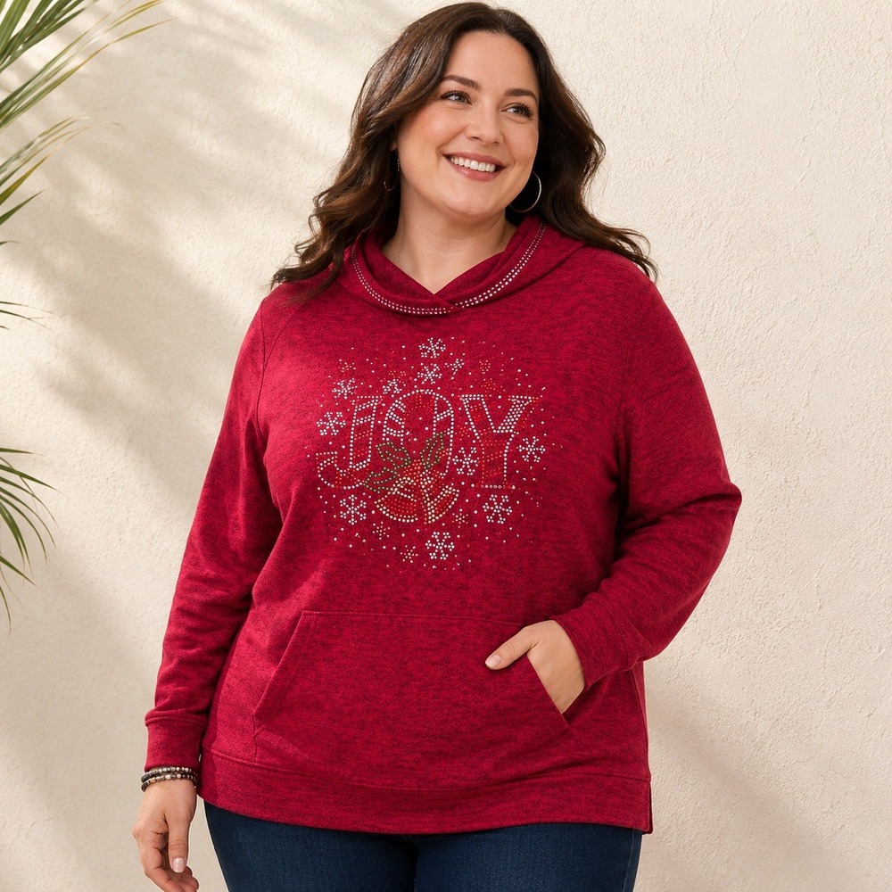 Remplie Womens Plus 2X Red Heathered Rhinestone JOY Christmas Hoodie NWT